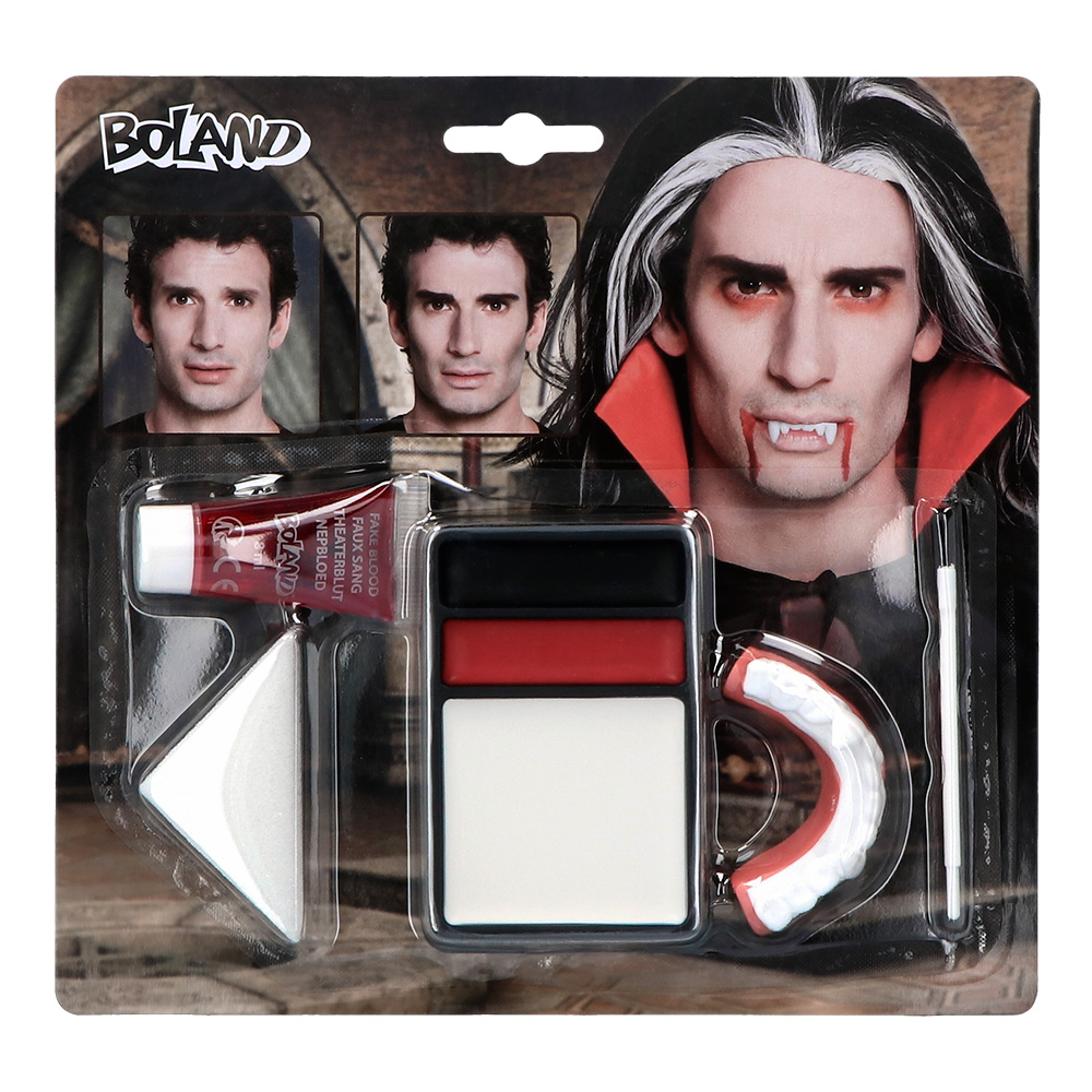 Make-up kit Vampier (vampiertanden, tube nepbloed, vetschmink, spons en applicator)