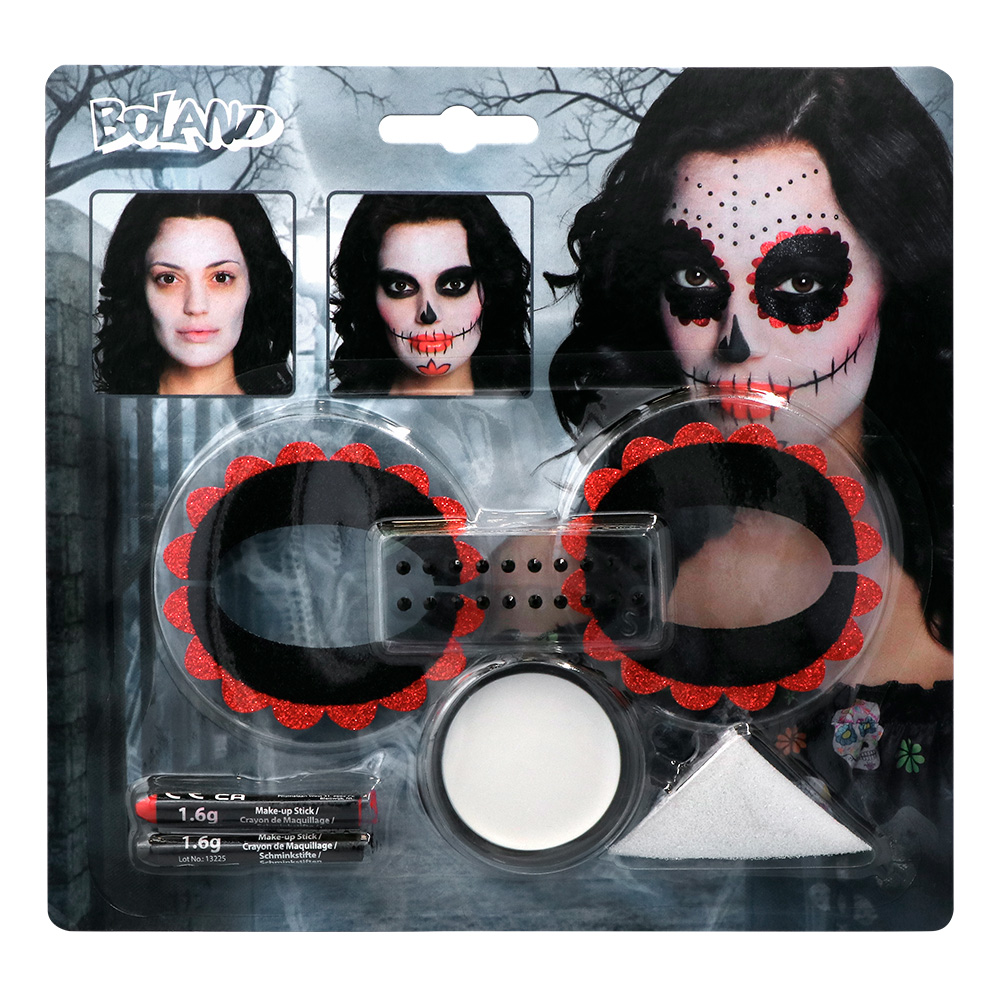 Make-up kit Day of the dead (2 oogdecoraties, stickervel met 20 edelstenen, vetschmink en spons)