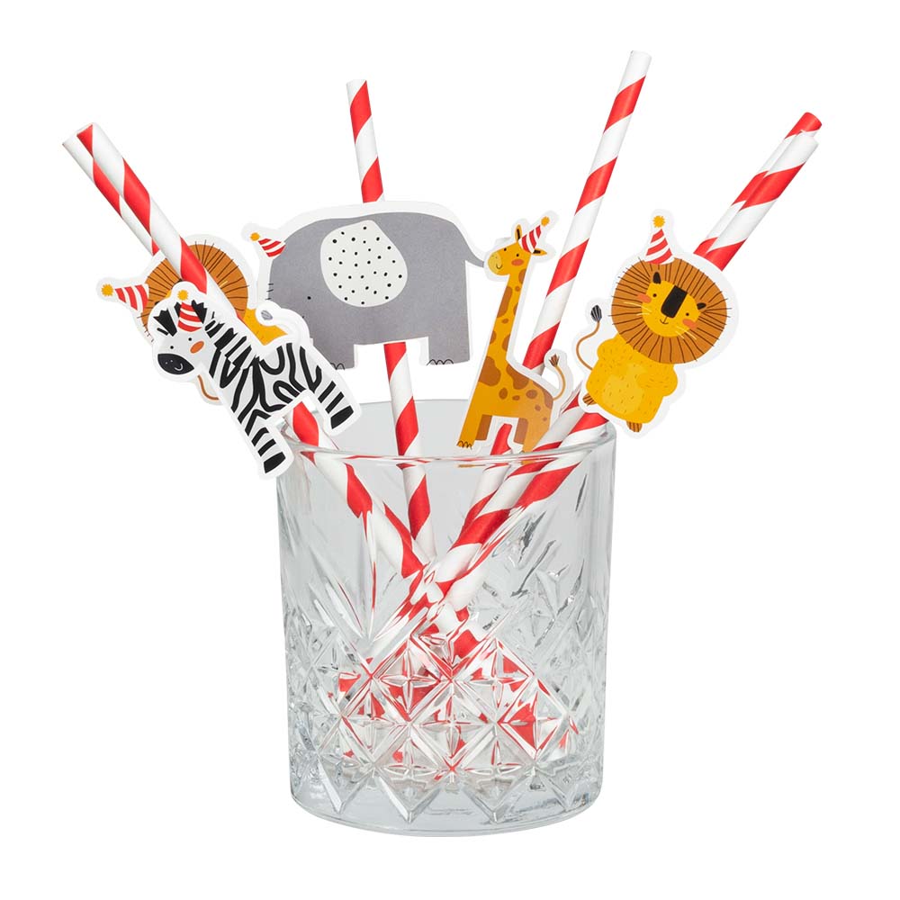 Set 6 papieren rietjes Safari 4 designs (20 cm)