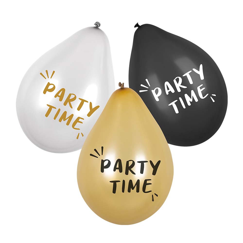 Set 6 Latex ballonnen 'Party Time' 3 kleuren dubbelzijdig (25 cm)