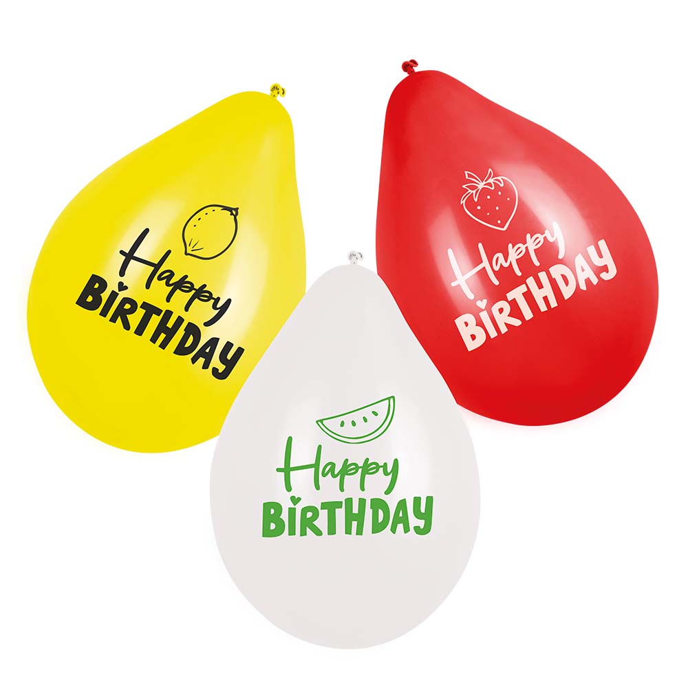 Set 6 Latex ballonnen Fruit 'Happy Birthday' dubbelzijdig (25 cm)