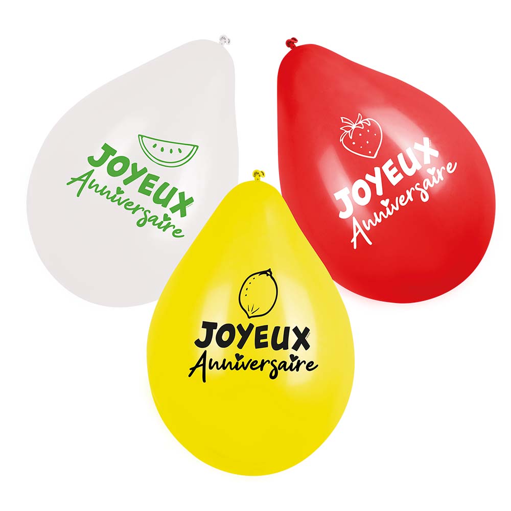 Set 6 Latex ballonnen Fruit 'Joyeux Anniversaire' dubbelzijdig (25 cm)