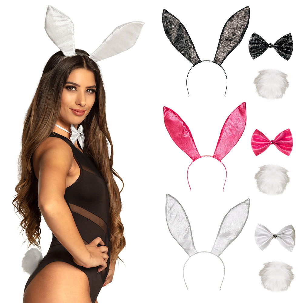 Set Sparkling bunny 3 kleuren ass. (diadeem, vlinderstrik en staart)