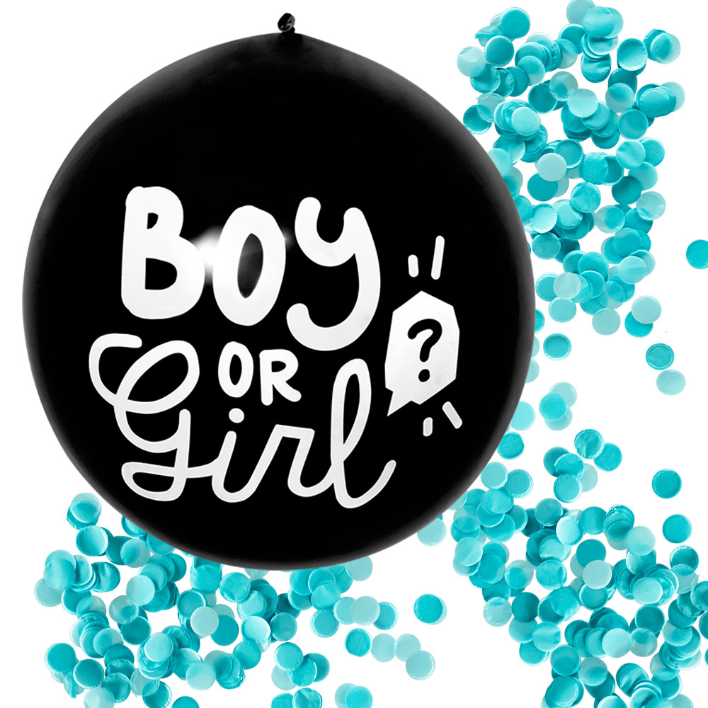 Latex confettiballon 'Boy or Girl' blauwe vulling (Ø 60 cm)