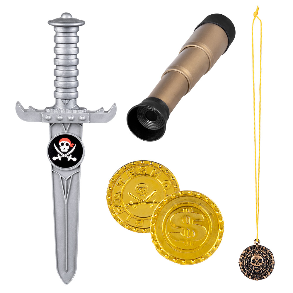 Set piratenaccessoires (telescoop 18 cm, dolk 23 cm, amulet en 2 munten)
