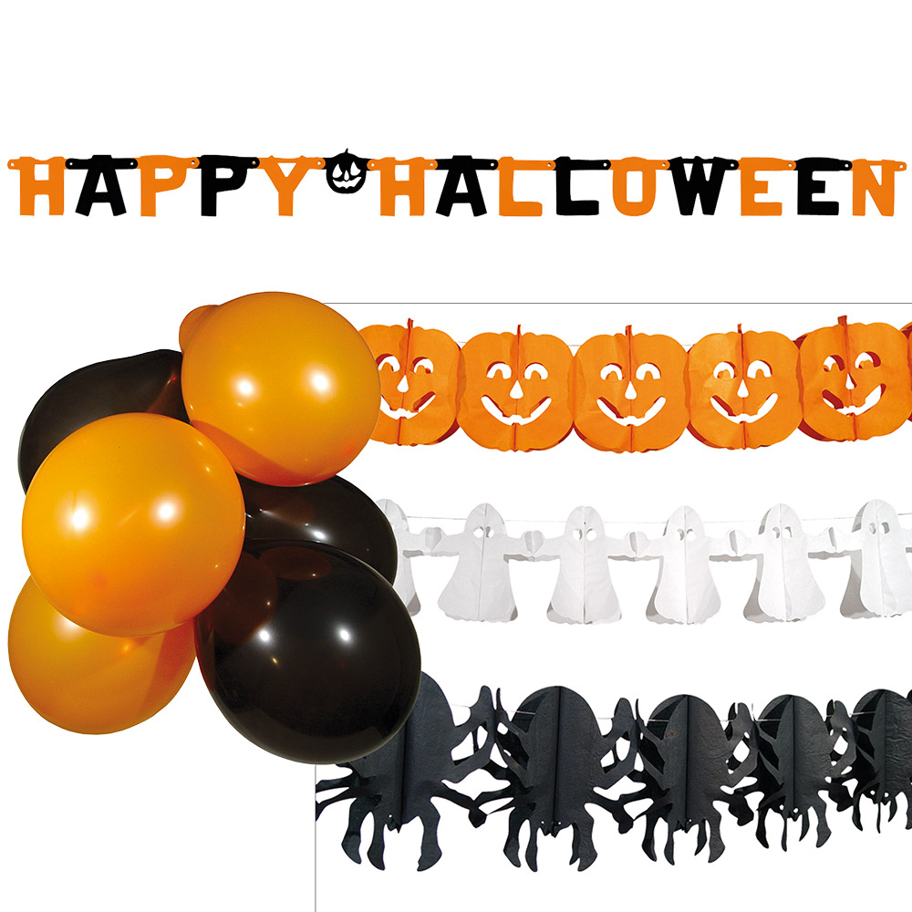 Set Halloween party (letterslinger, 3 slingers (elk 4 meter) en 10 ballonnen)