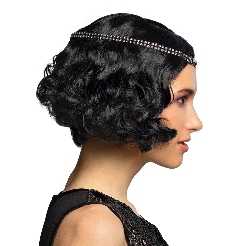 Pruik Flapper zwart met hoofdband