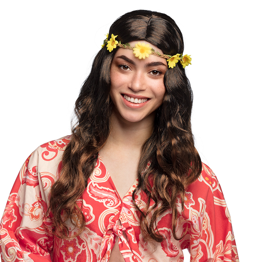 Pruik Joy zwart/bruin met hoofdband