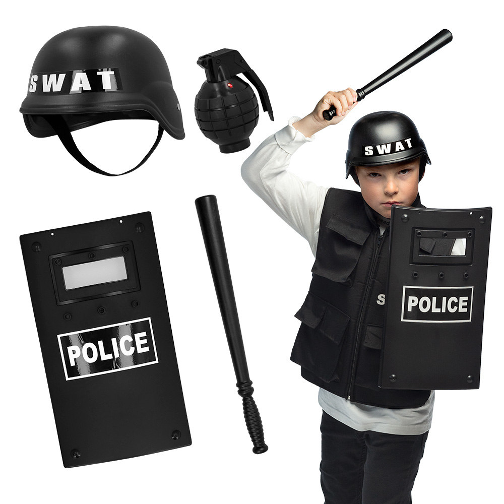 Kinderset 'SWAT police' (helm, schild 40 cm, knuppel 40 cm en granaat 8.5 cm)