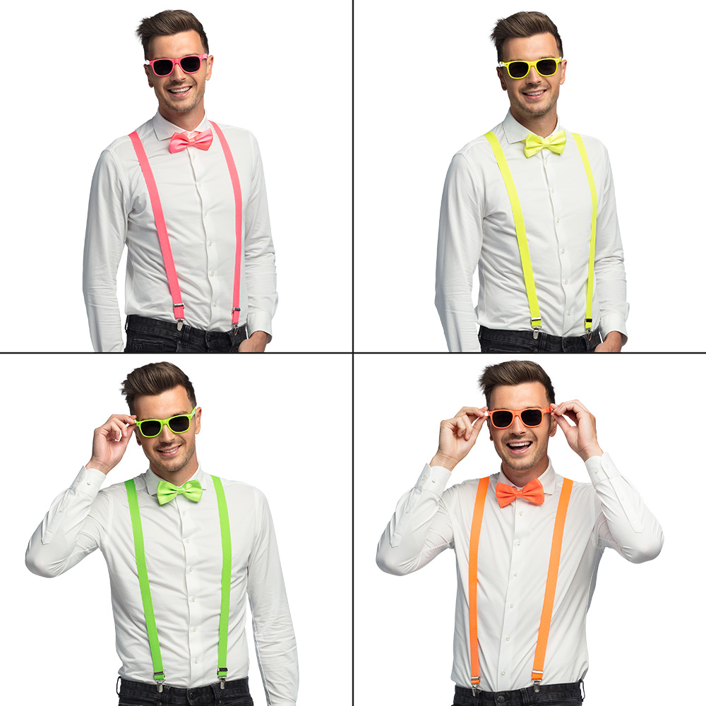 Set Classic neon 4 kleuren ass. (partybril, vlinderstrik en bretels)