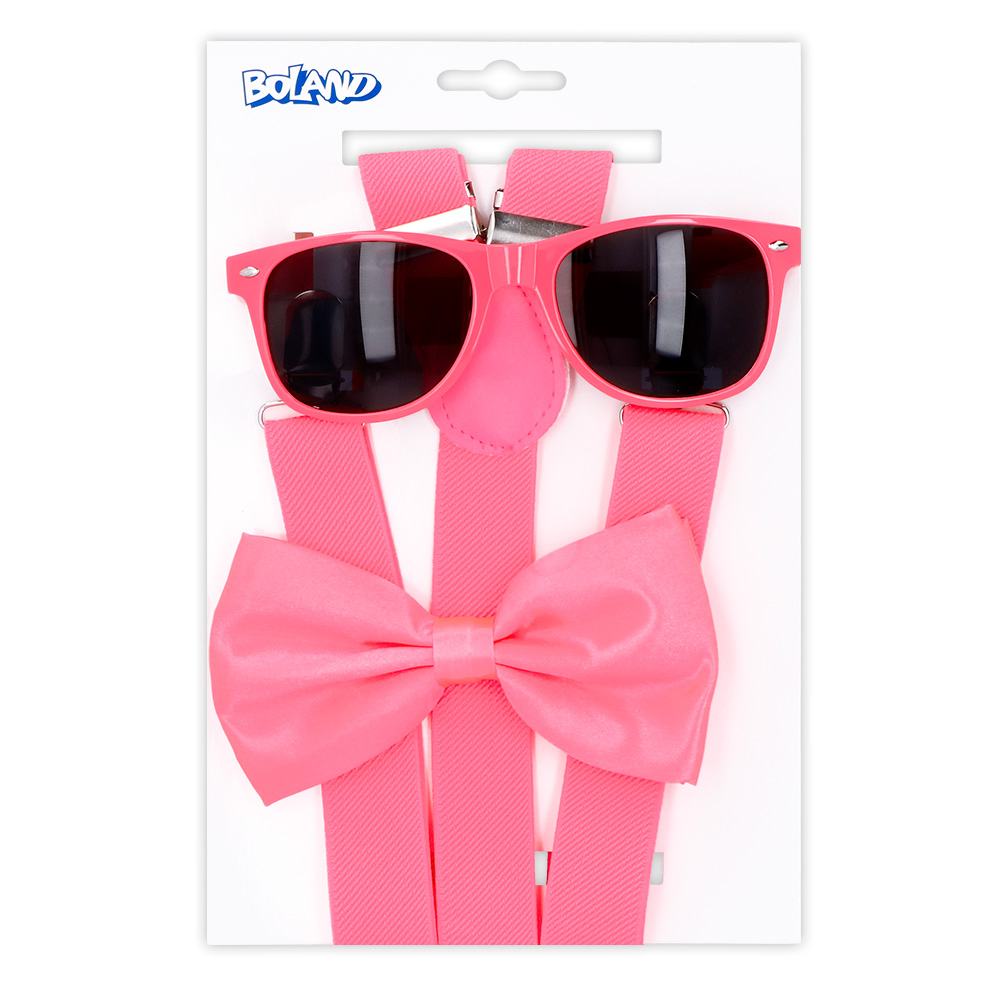 Set Classic neonroze UV (partybril, vlinderstrik en bretels)