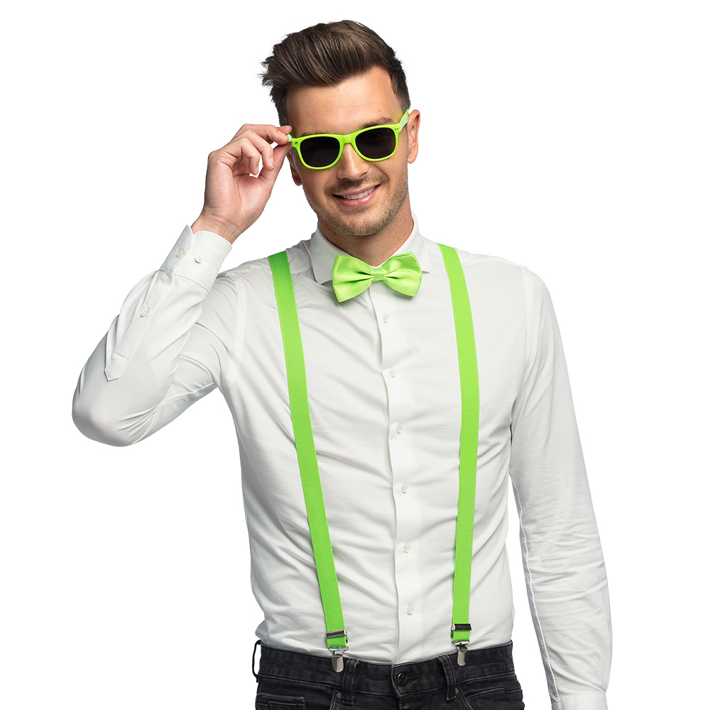 Set Classic neongroen UV (partybril, vlinderstrik en bretels)