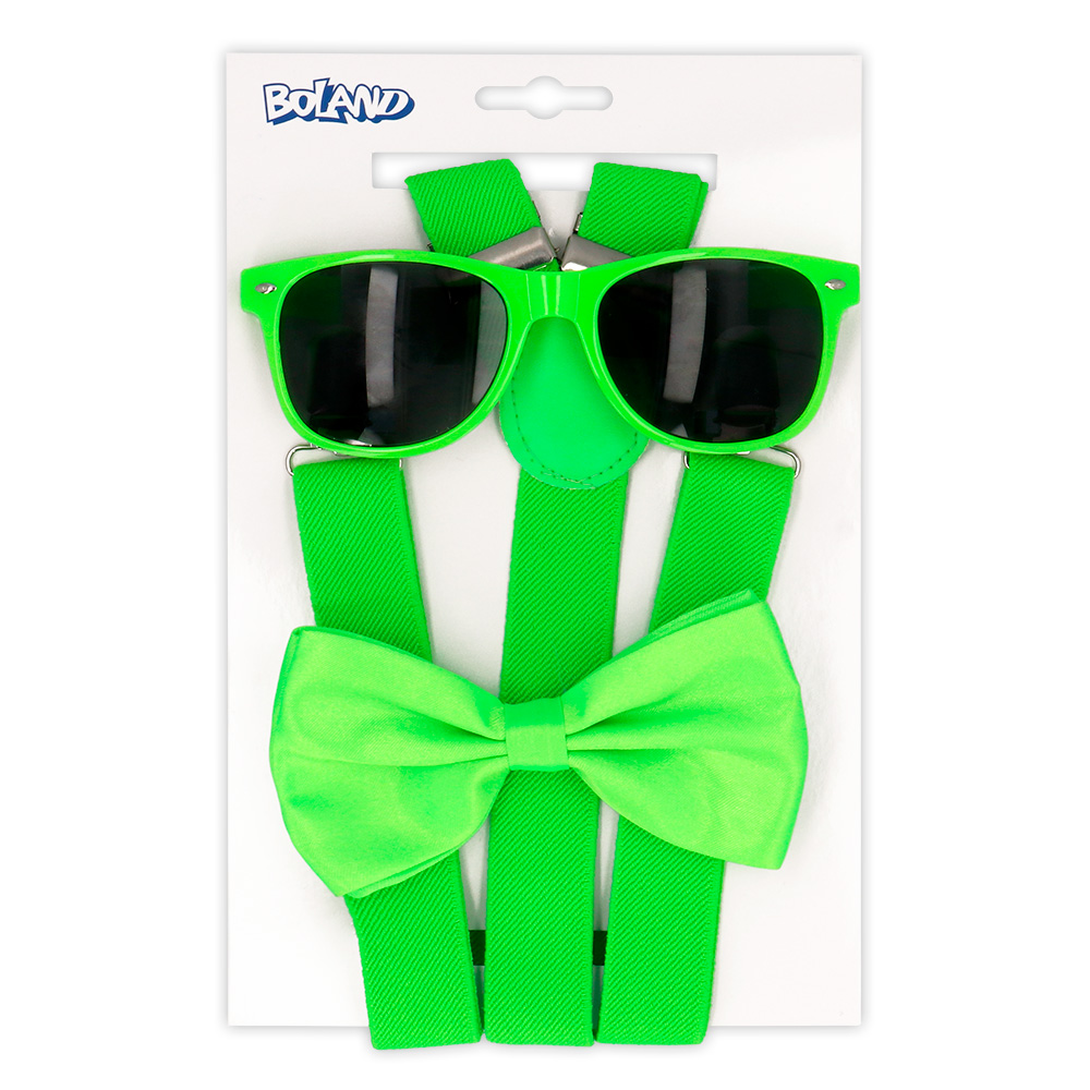 Set Classic neongroen UV (partybril, vlinderstrik en bretels)