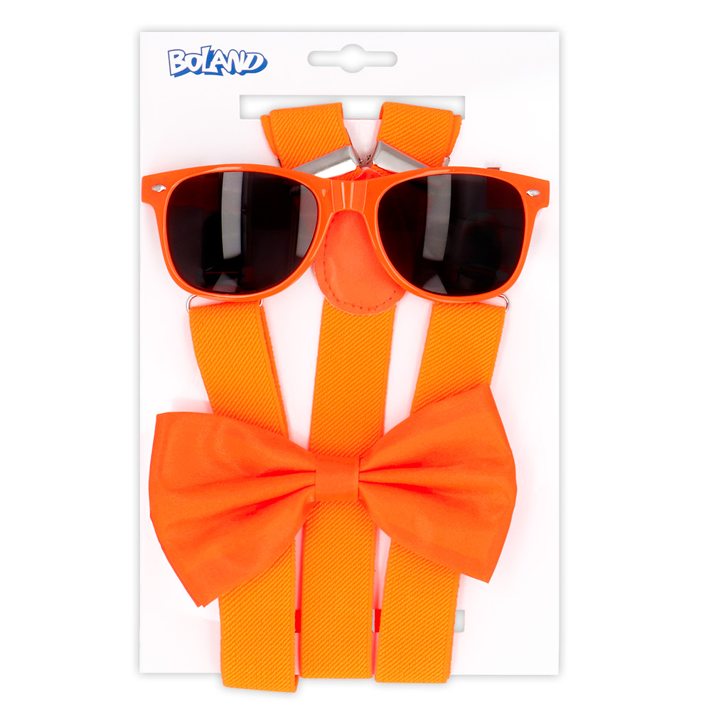 Set Classic neonoranje UV (partybril, vlinderstrik en bretels)