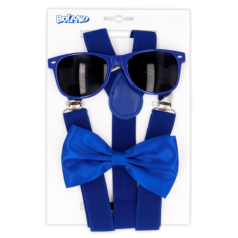 Set Classic blauw (partybril, vlinderstrik en bretels)