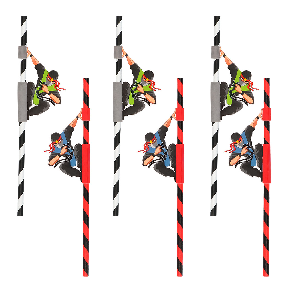 Set 6 papieren rietjes Ninja 2 designs (20 cm)