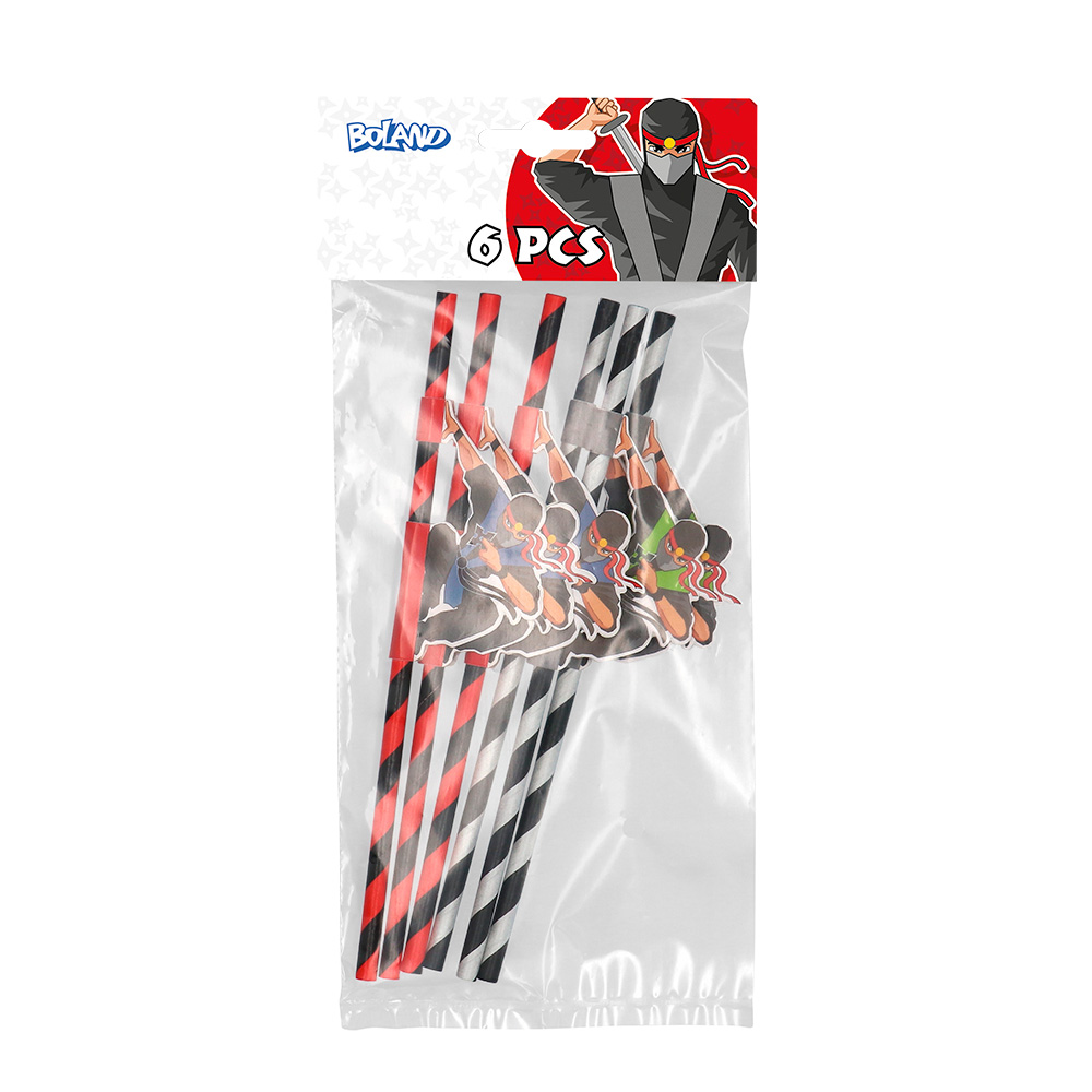 Set 6 papieren rietjes Ninja 2 designs (20 cm)