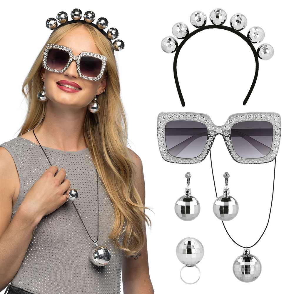 Set Disco (diadeem, partybril, ketting, ring en oorbellen)