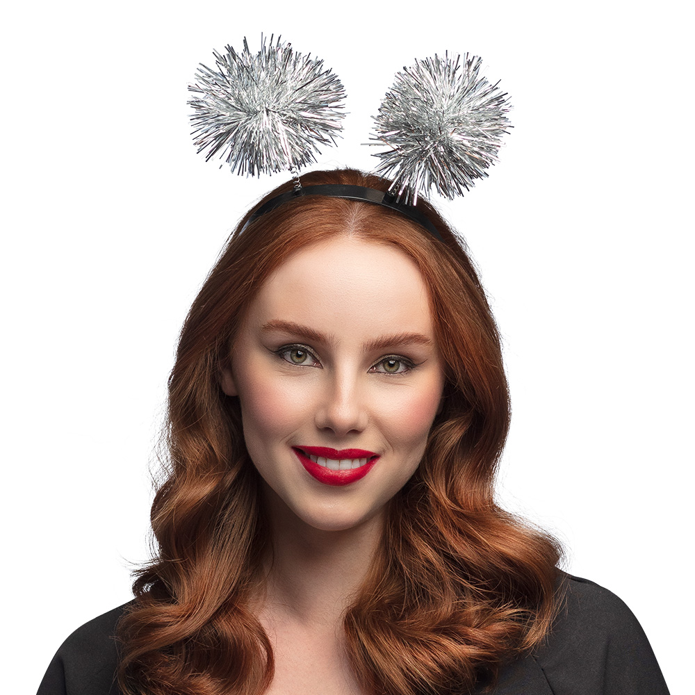 Diadeem Tinsel pompoms zilver