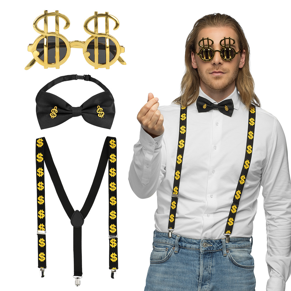 Set Dollar (partybril, vlinderstrik en bretels)