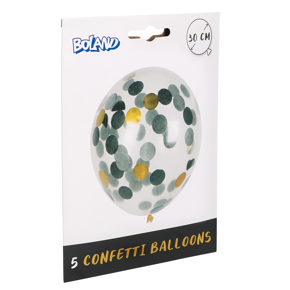 5 Confettiballonnen goud/zwart/zilver