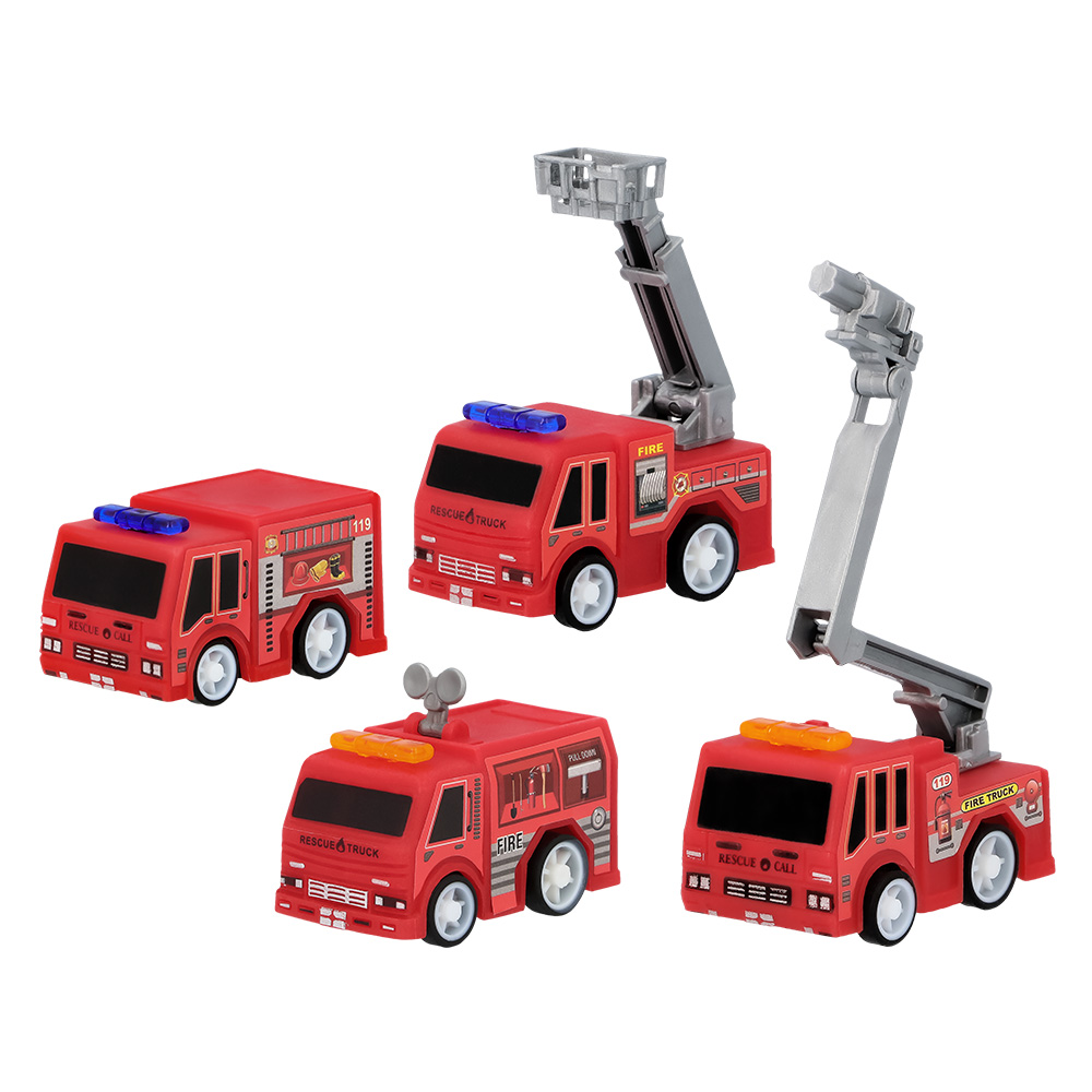 Set 4 terugtrek-brandweerauto's (5,2 x 3,2 cm)