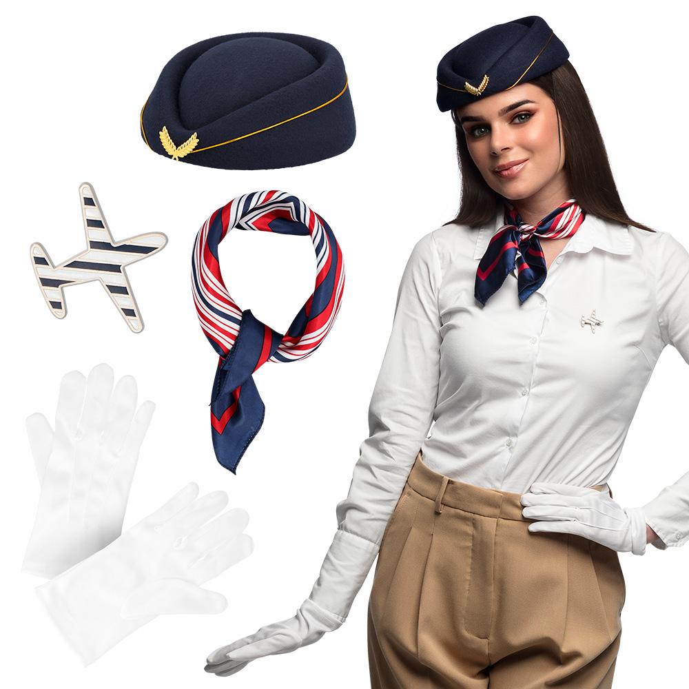 Set Stewardess (pet, sjaaltje, handschoenen en broche)