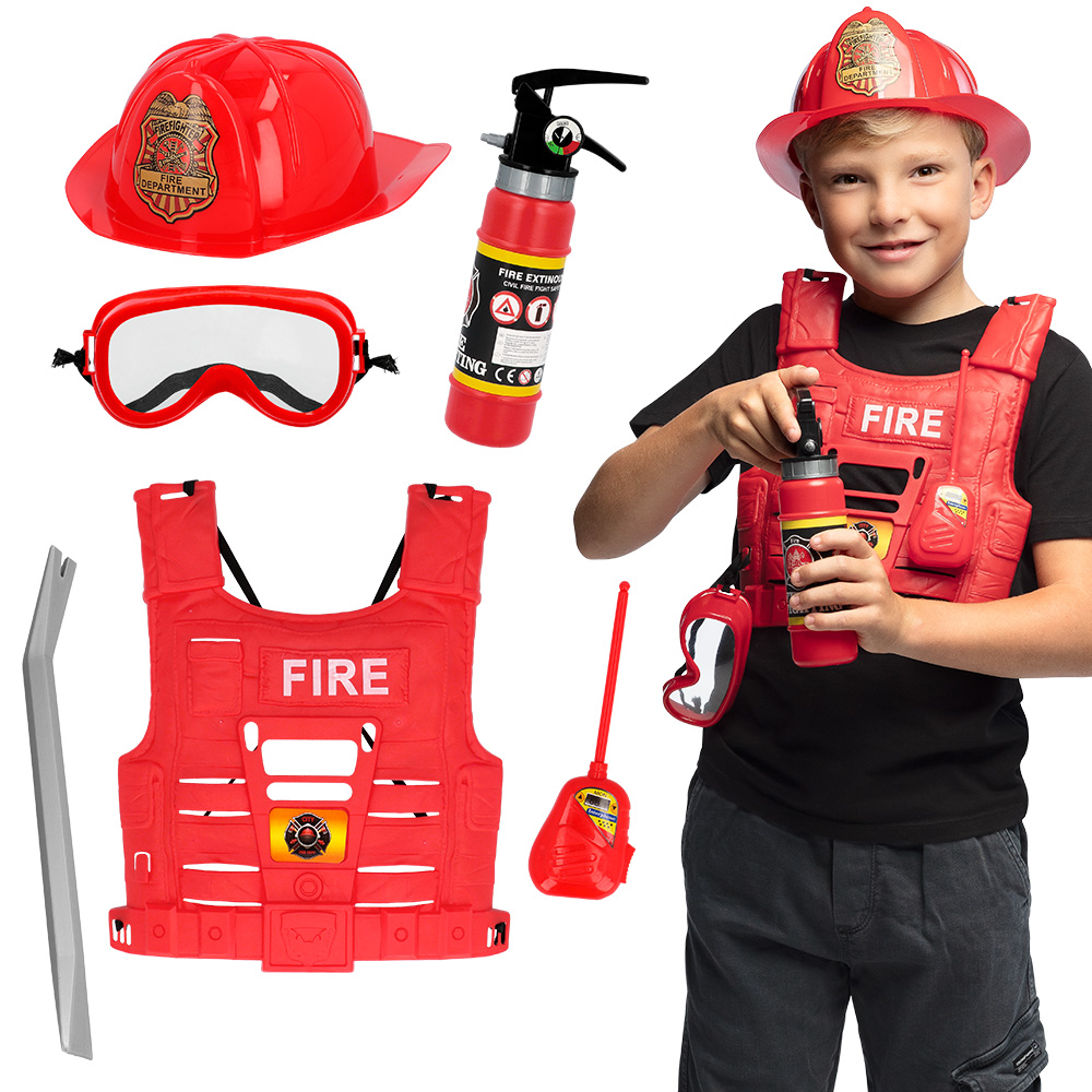 Kinderset Brandweerman (helm, vest, veiligheidsbril, walkietalkie, brandblusser, koevoet)