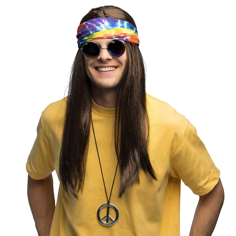 Set Hippie John (hoofdband, partybril, pruik en ketting)