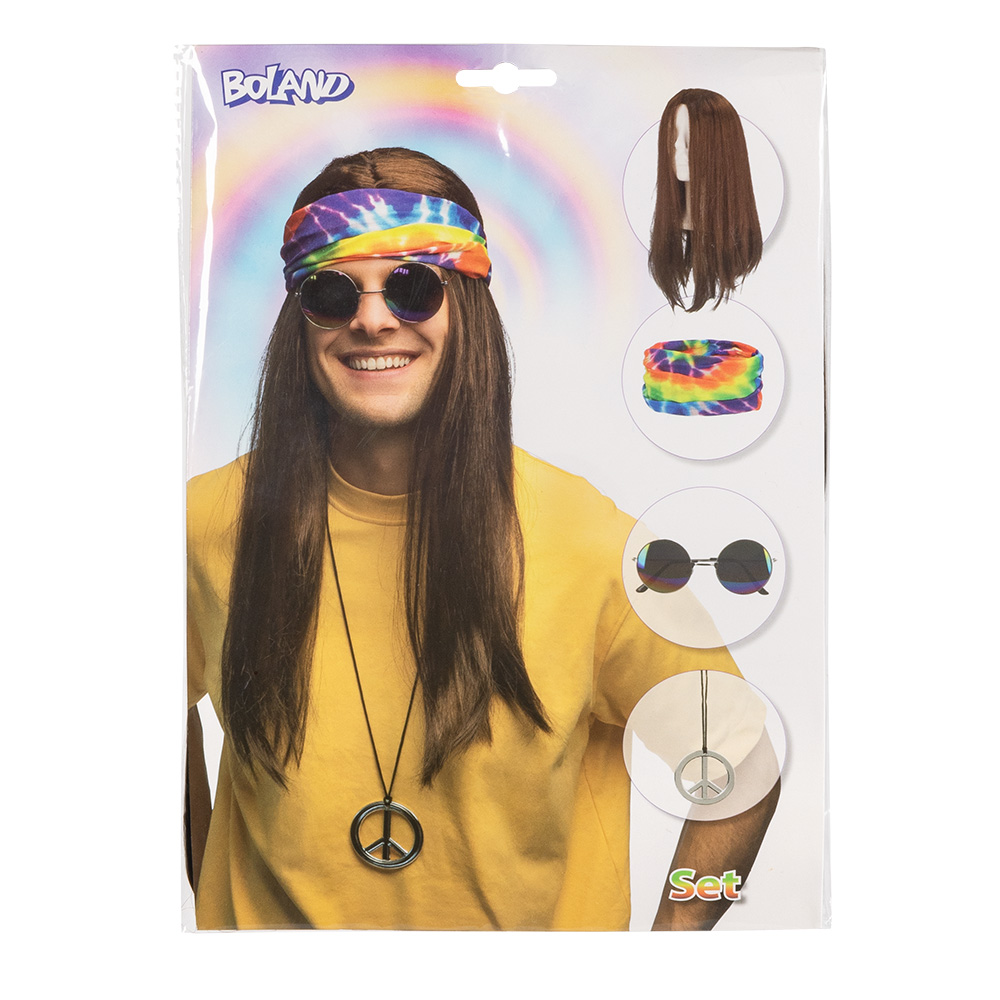 Set Hippie John (hoofdband, partybril, pruik en ketting)