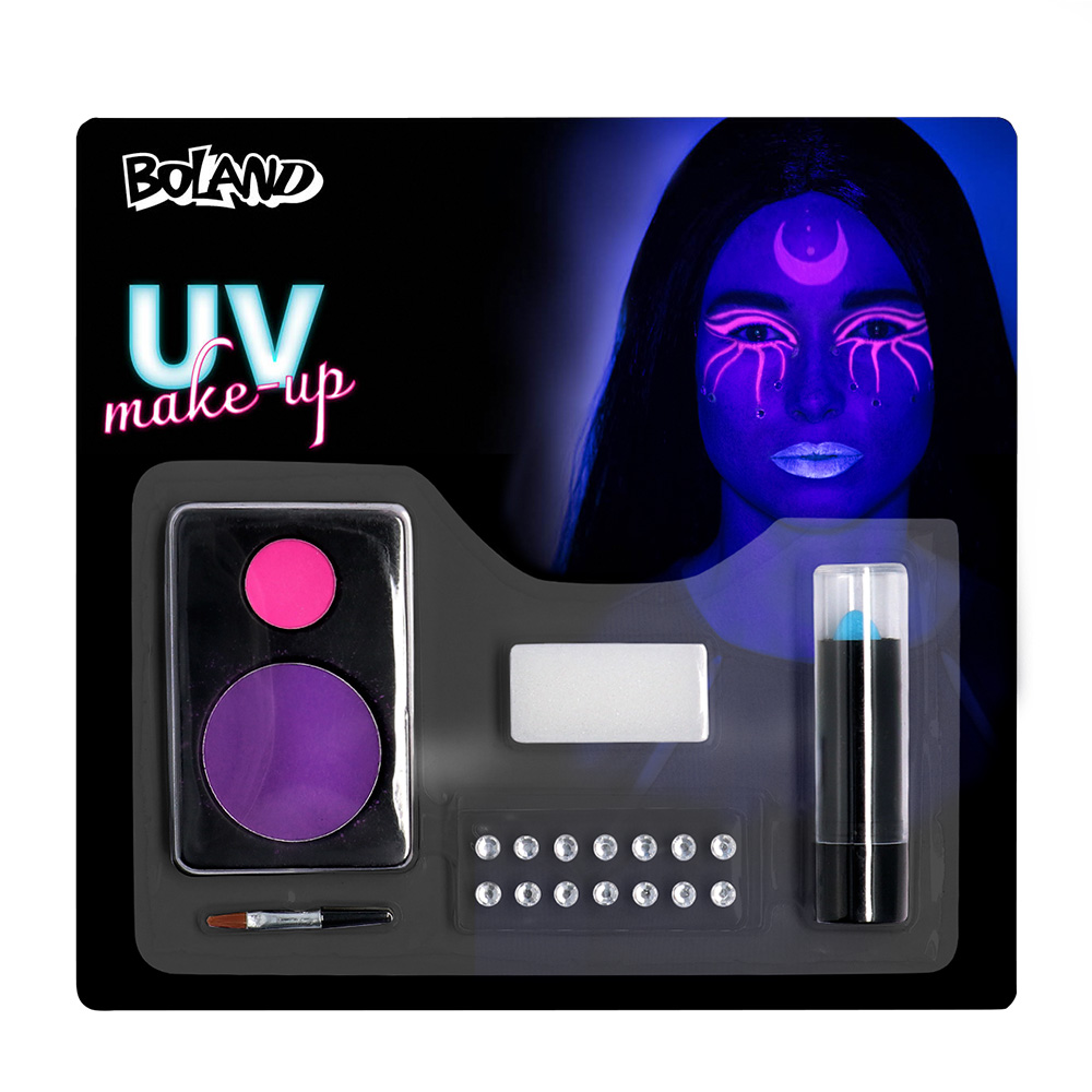 Schmink kit Bright witch UV (UV poeder schmink, lipstick, vel strass steentjes, applicator en spons)