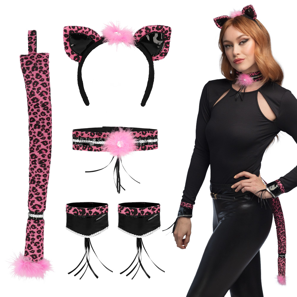 Set Pink leopard (Diadeem, choker, 2 armbanden, staart)
