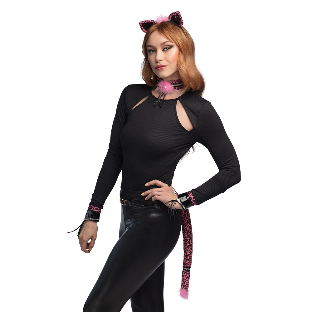 Set Pink leopard (Diadeem, choker, 2 armbanden, staart)