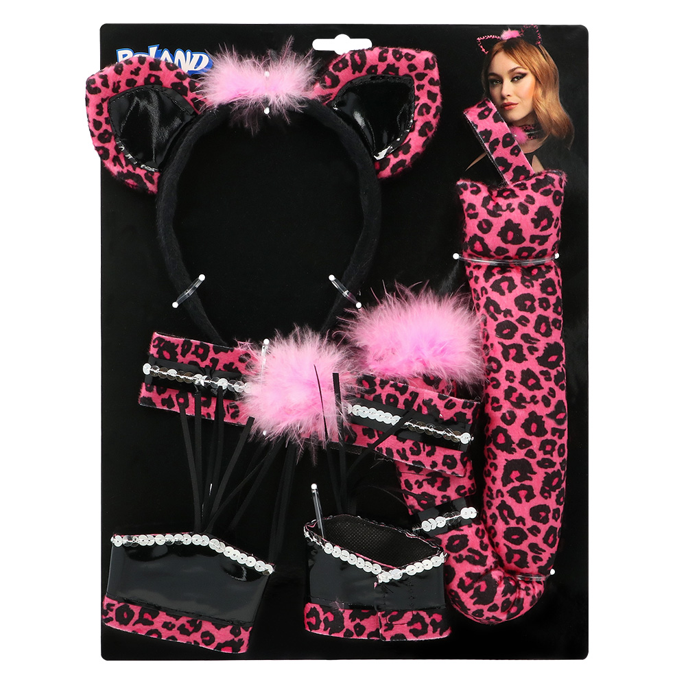 Set Pink leopard (Diadeem, choker, 2 armbanden, staart)
