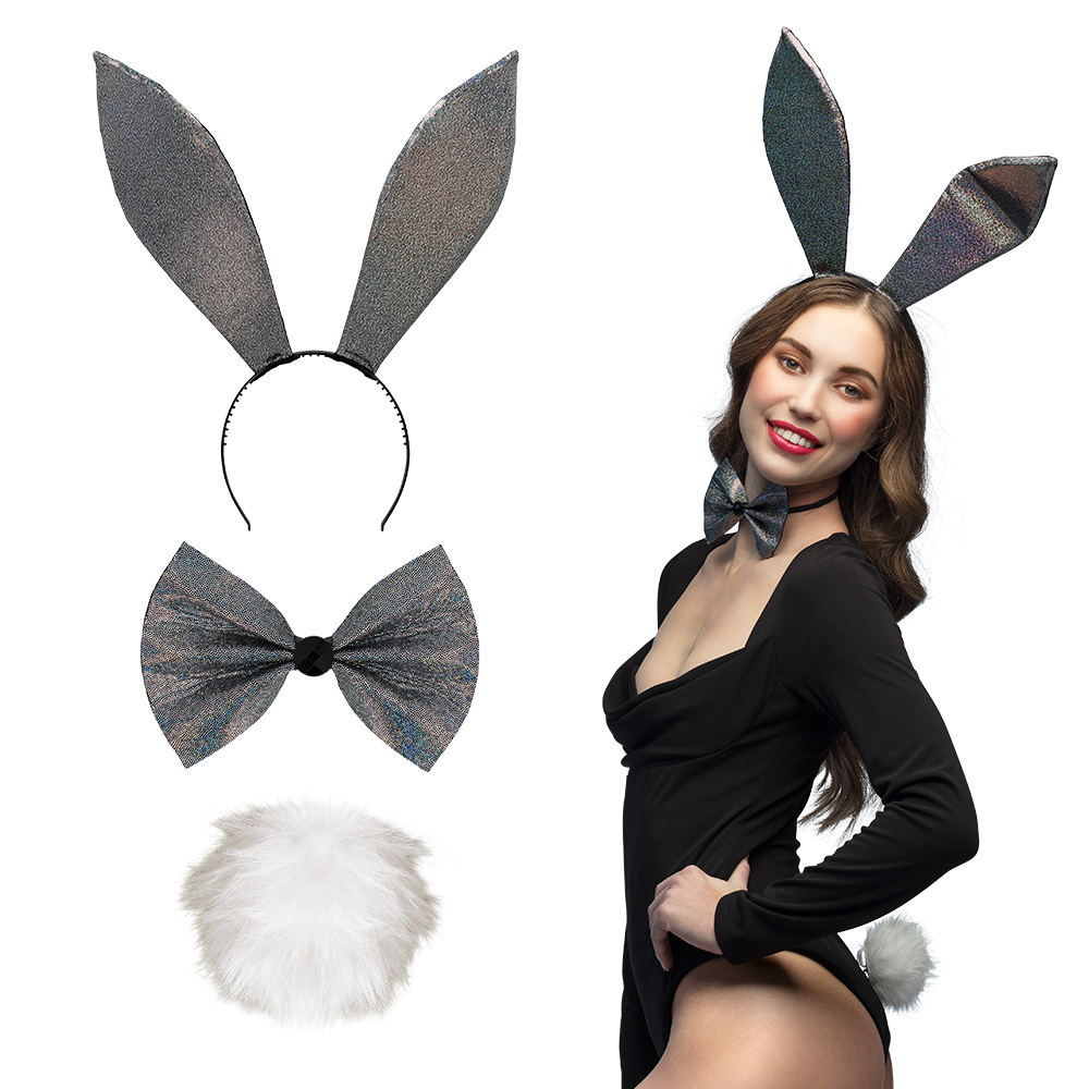 Set Sparkling bunny zwart (diadeem, strikje en staart)