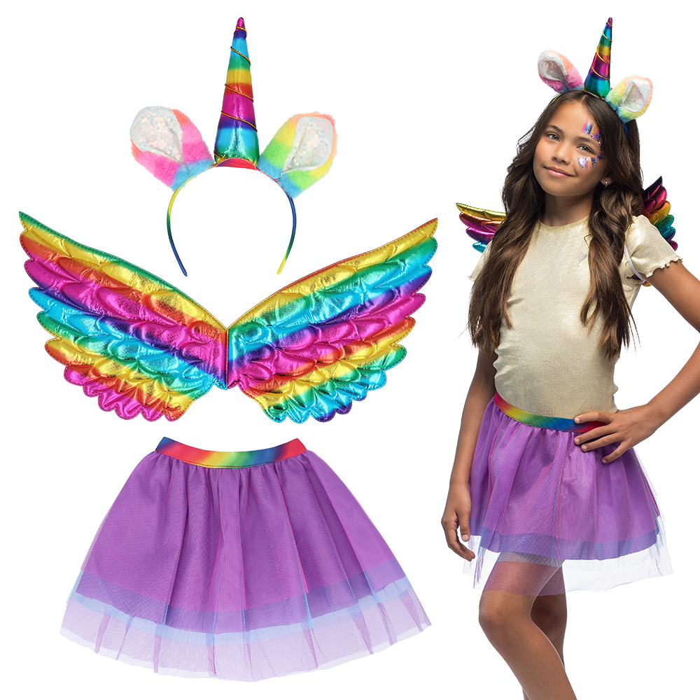 Set Eenhoorn regenboog (diadeem, vleugels en tutu)