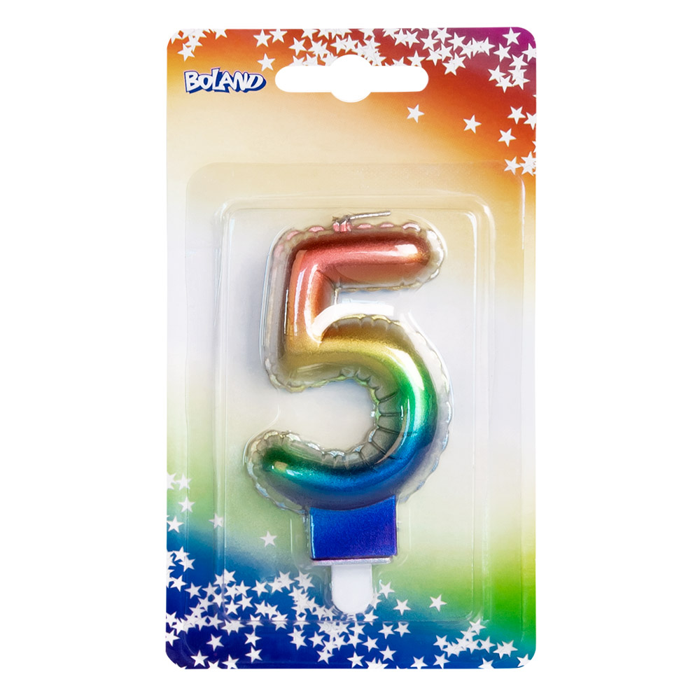 Kaarsje cijfer '5' regenboog met houder