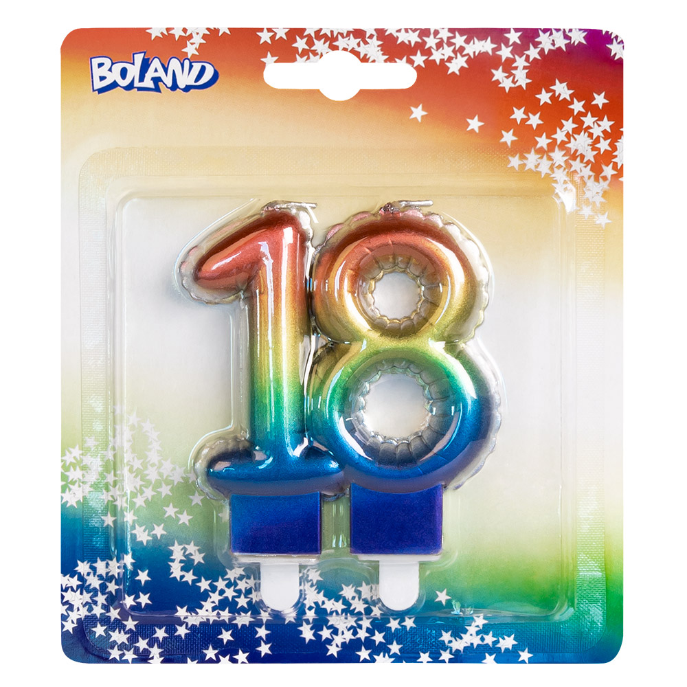 Kaarsje cijfer '18' regenboog met houder