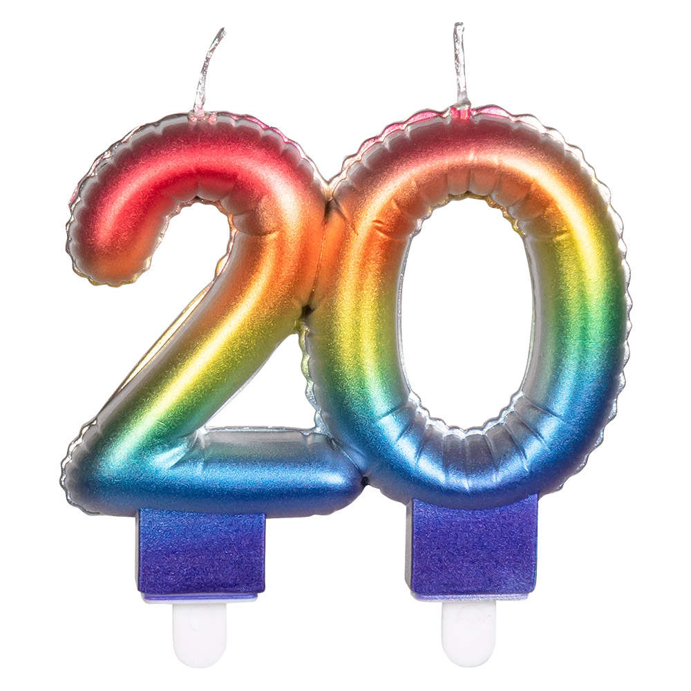 Kaarsje cijfer '20' regenboog met houder