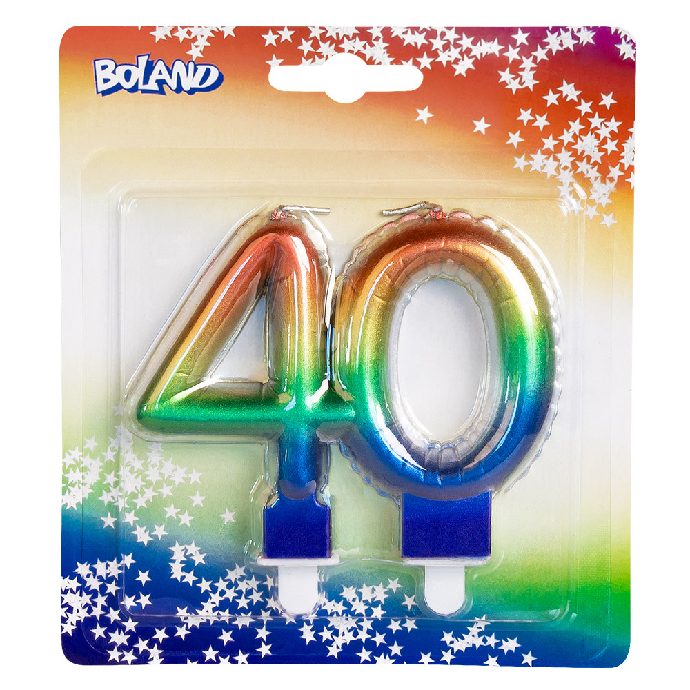 Kaarsje cijfer '40' regenboog met houder