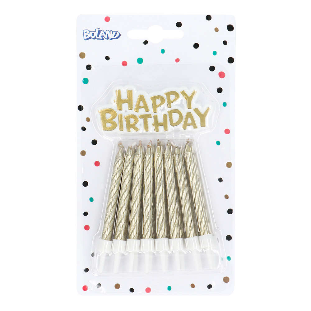 Set 16 kaarsjes spiraal met taarttopper 'Happy birthday' goud