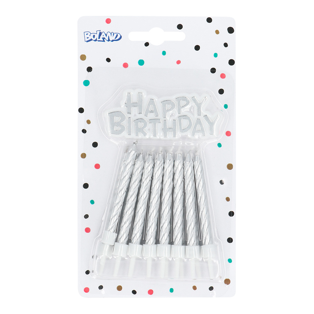 Set 16 kaarsjes spiraal met taarttopper 'Happy birthday' zilver