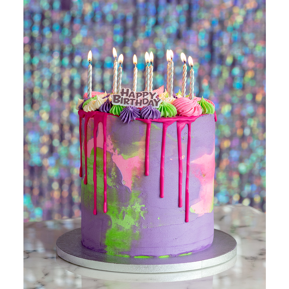 Set 16 kaarsjes spiraal met taarttopper 'Happy birthday' zilver