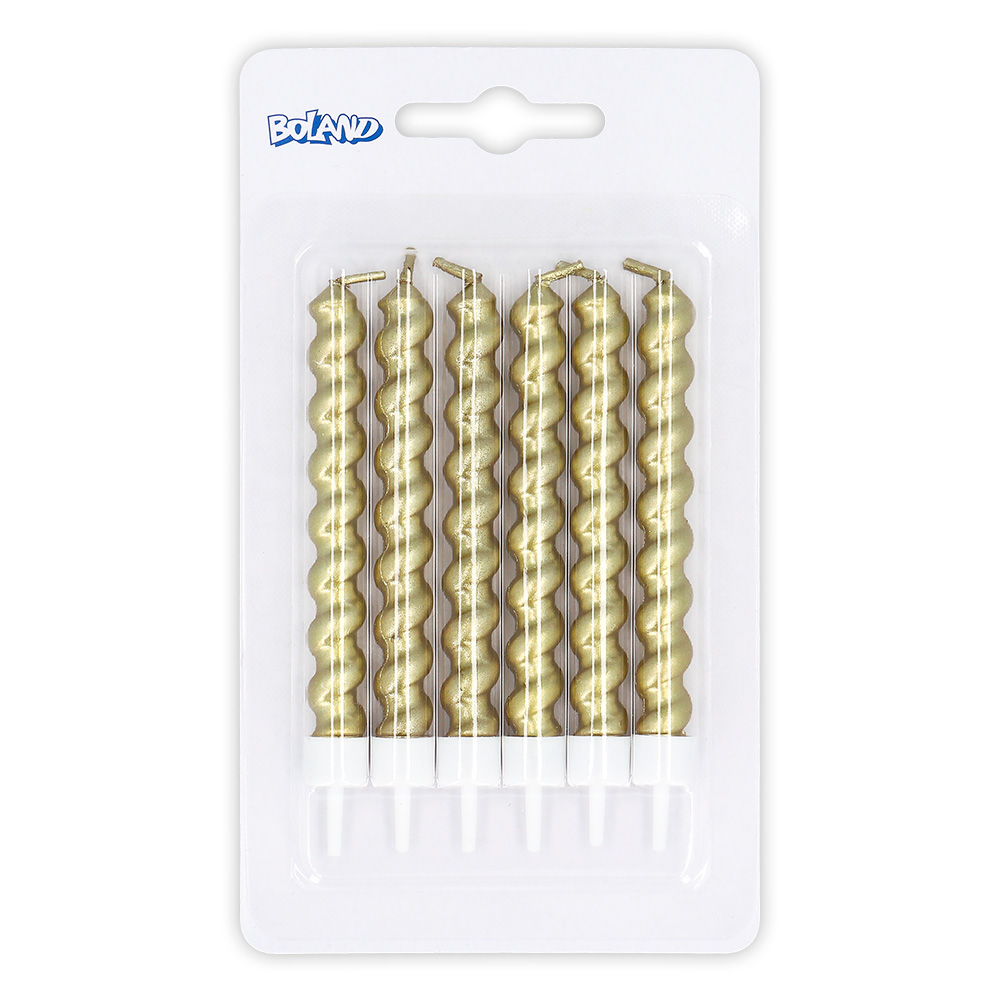 Set 6 swirl kaarsjes goud op houder