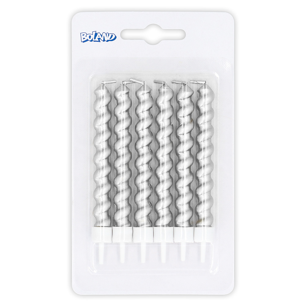 Set 6 swirl kaarsjes zilver op houder