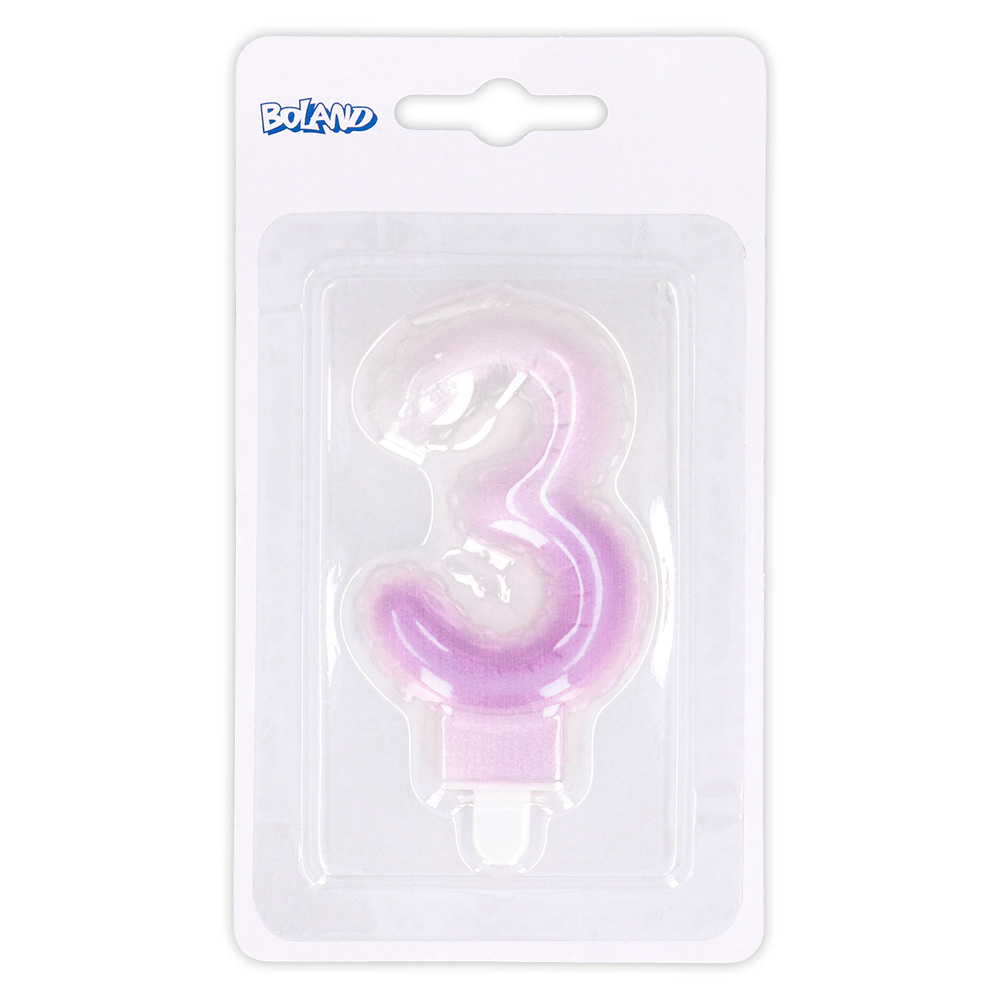 Kaarsje cijfer '3' pastel met houder (4 ass.)