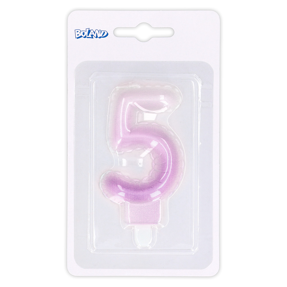 Kaarsje cijfer '5' pastel met houder (4 ass.)