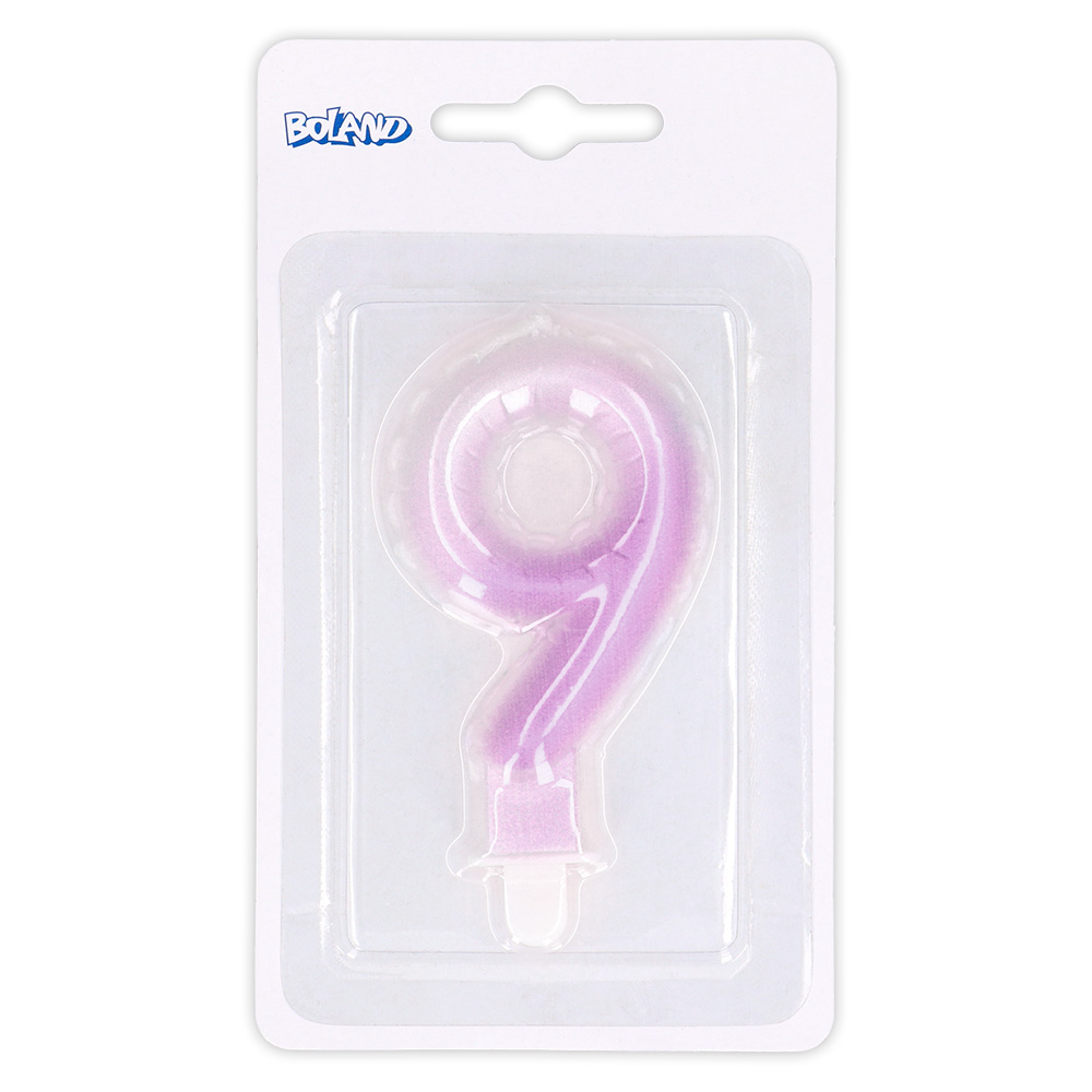 Kaarsje cijfer '9' pastel met houder (4 ass.)