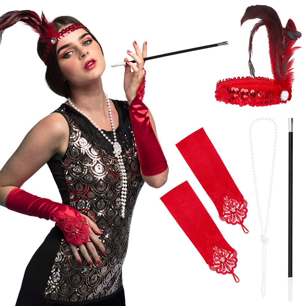 Set Flapper deluxe (hoofdband, ketting, 2 handschoenen en sigarettenhouder)