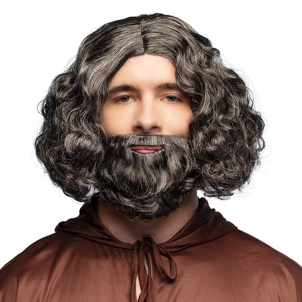 Pruik Joseph zwart/grijs met baard